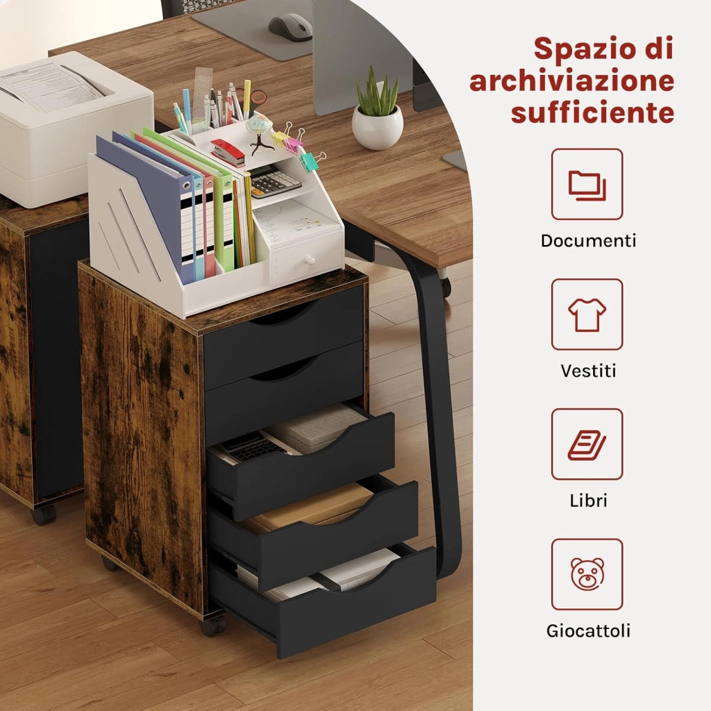 Scrivania a Piedistallo con 5 Cassetti, Schedario Rotante, Comodino, Mobile per Ufficio, Camera da Letto, in Legno Ingegnerizzato PB, Marrone Rustico, 40x40x66,5cm