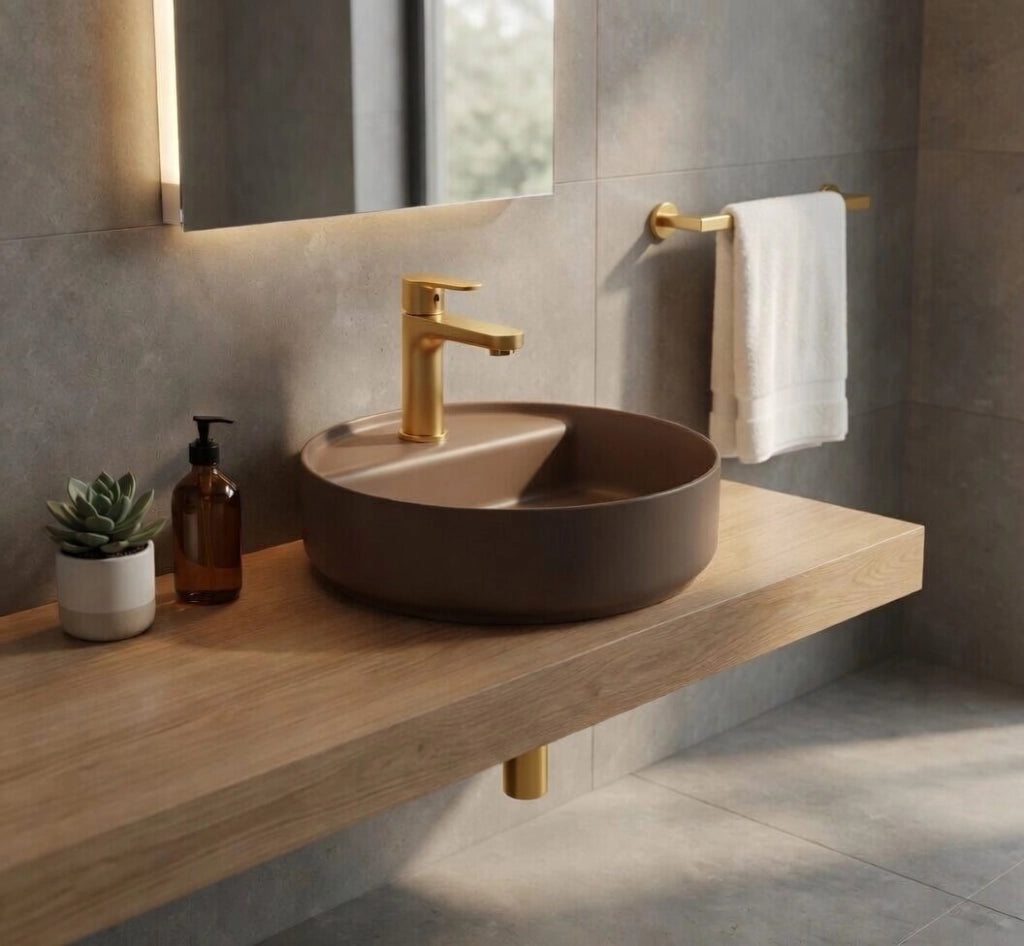 Lavabo tondo da appoggio senza troppo pieno in ceramica con foro rubinetto - Tortora Opaco