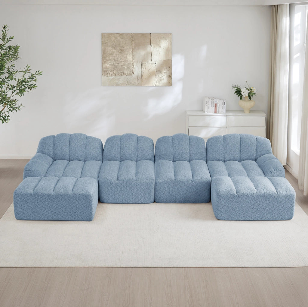 Divano modulare angolare 4 posti a U con ottomana; schiuma 32D; velluto granulato; blu