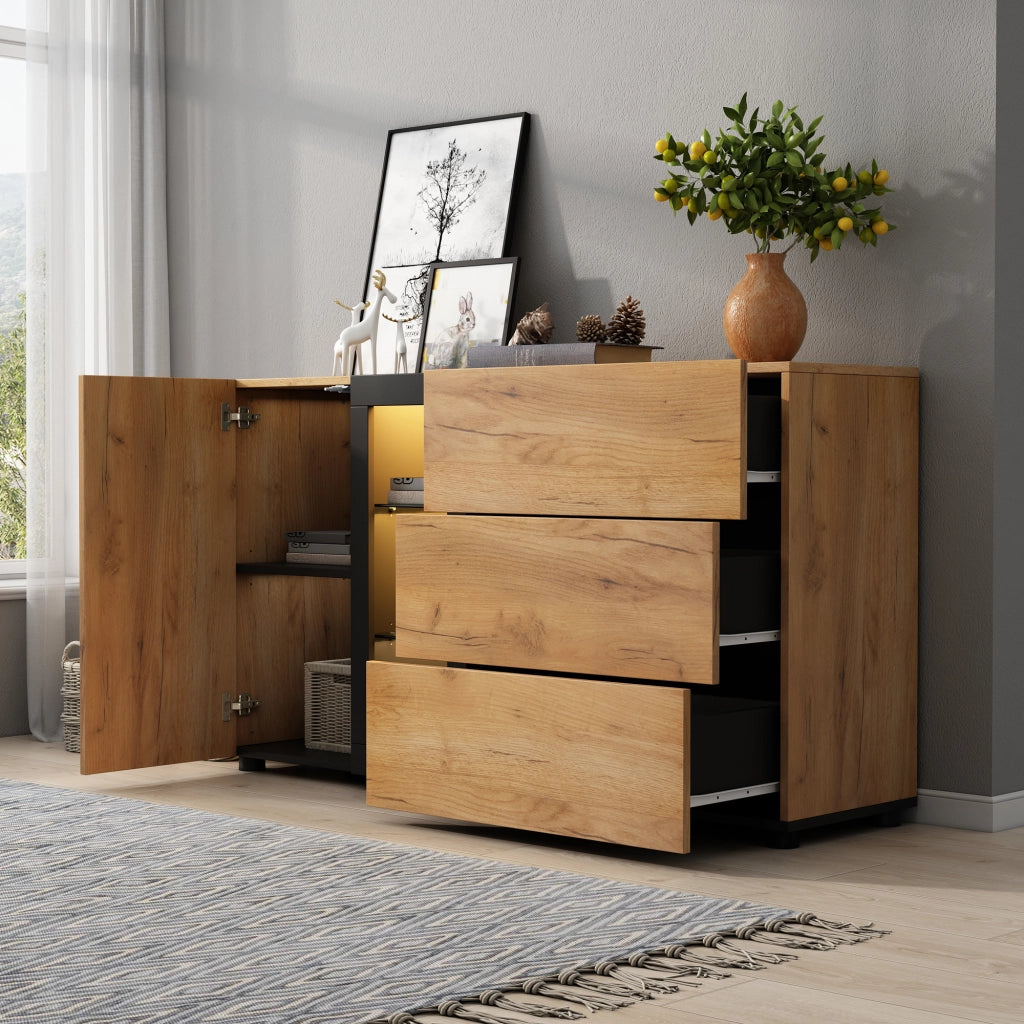 Credenza con 3 cassetti; 1 anta e LED APP - per soggiorno - 140×40×80 cm