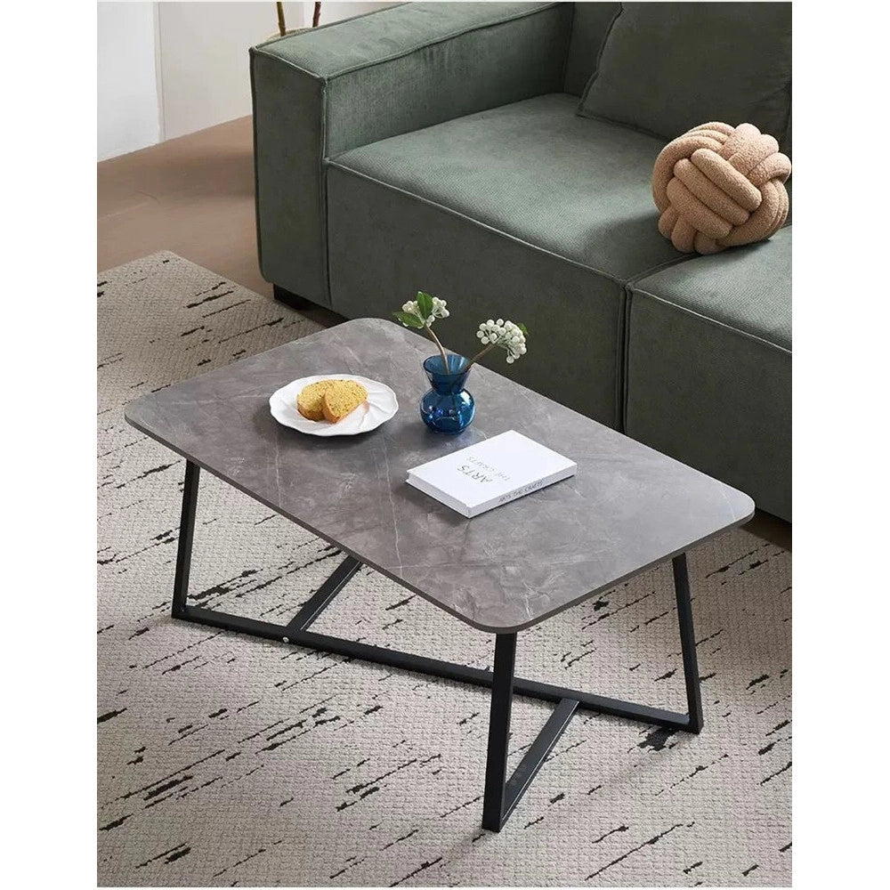 Trade Shop - Tavolino Rettangolare Basso Con Piano Effetto Marmo Gambe Incrociate Per Soggiorno Salotto -