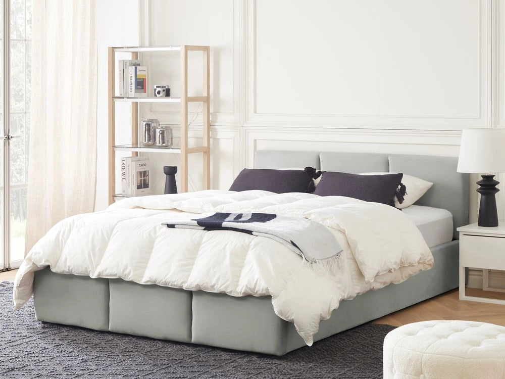 Letto Ottomano Grigio Chiaro Velluto Tappezzato 140 x 200 cm Testiera Travestita Funzione Contenitore
