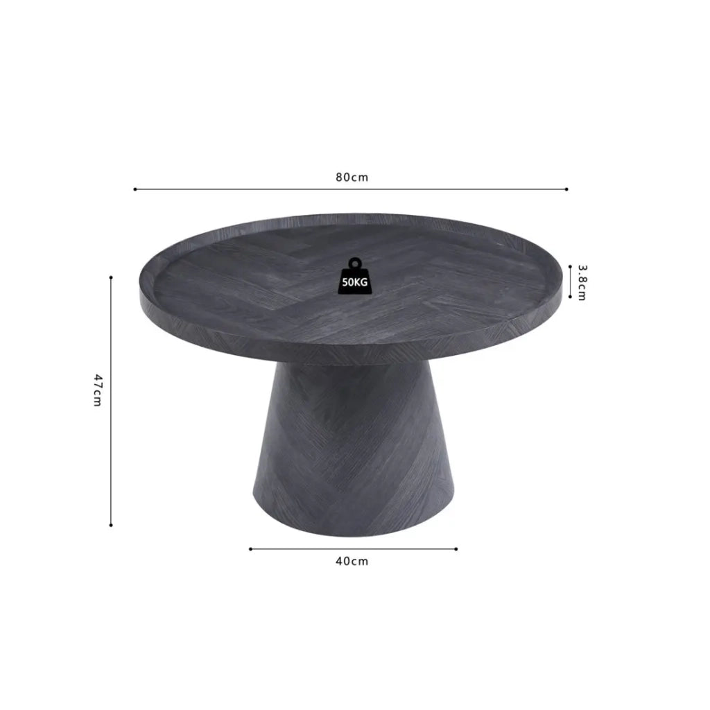Tavolino basso rotondo collezione CARVELA – Decorazione grigio scuro – Bordo rialzato – D80 x H47 cm