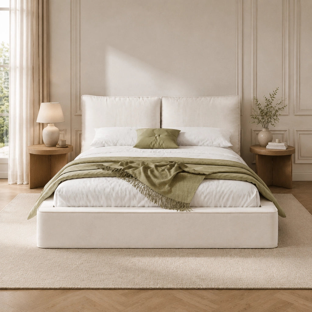 Letto matrimoniale 160x200 cm in chenille beige con rete a doghe e testiera imbottita