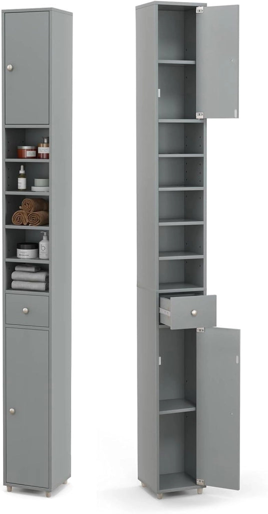 Armadio da Bagno Sottile e Alto con Ante, Mobiletto Bagno Salvaspazio Cassetto e Ripiani Regolabili, Design Moderno, 20 x 20 x 180 cm, 4 Colori