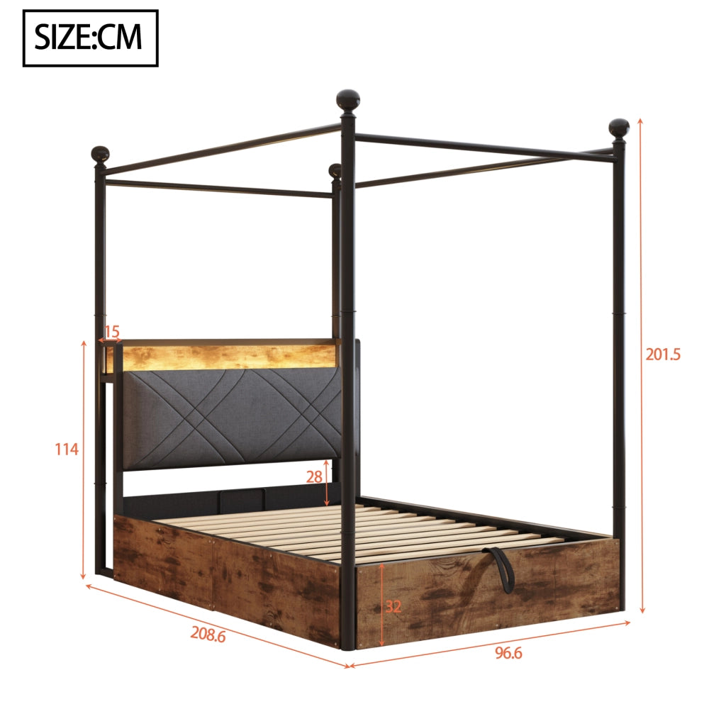 DESMIU Letto singolo 90 × 190 cm 1 posto con vano contenitore, LED, USB e Type-C, senza materasso, nero