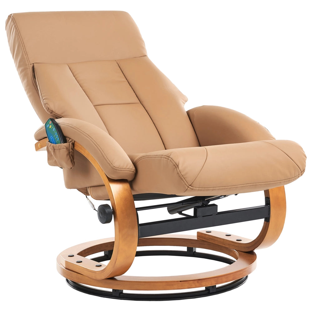 Poltrona Reclinabile Beige con Poggiapiedi Imbottito in Ecopelle Massaggio Riscaldato Struttura in Legno Schienale Regolabile Design Retrò