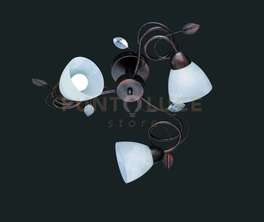 TRADITIO PLAFONIERA 3 LUCI METALLO RUGGINE ANTICO VETRI BIANCHI CON GEMME TRASPARENTI D. 61CM ATTACCO E14