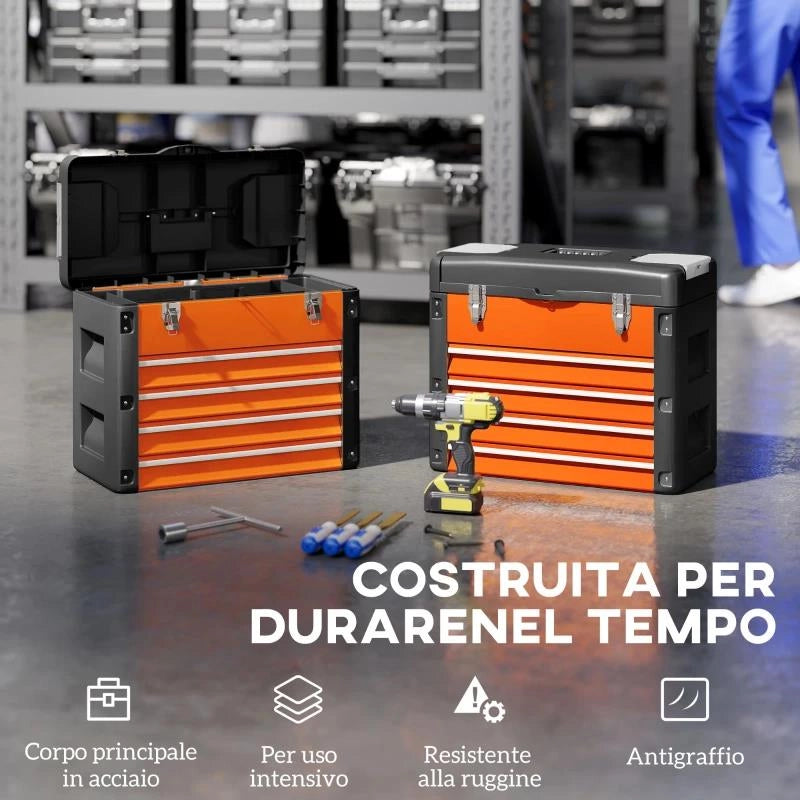 CASSETTA PORTA ATTREZZI CON 4 CASSETTI E SCOMPARTO SUPERIORE IN ACCIAIO E PLASTICA, ARANCIONE E NERO