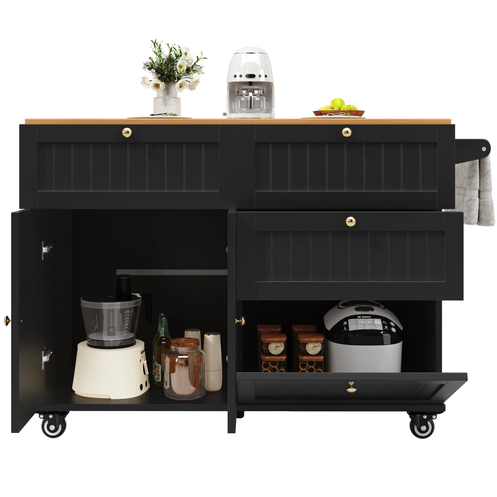 Carrello da Cucina con Piano Ribaltabile; Ruote e Piedini Regolabili; in MDF; Nero; 133 x 37;3 x 88 cm