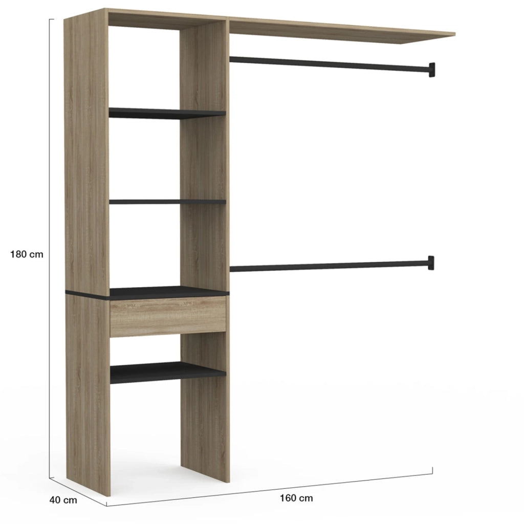 IDMarket - MELINE 160 x 40 x 180 cm set spogliatoio in faggio con ripiani neri + cassetto + armadio doppio
