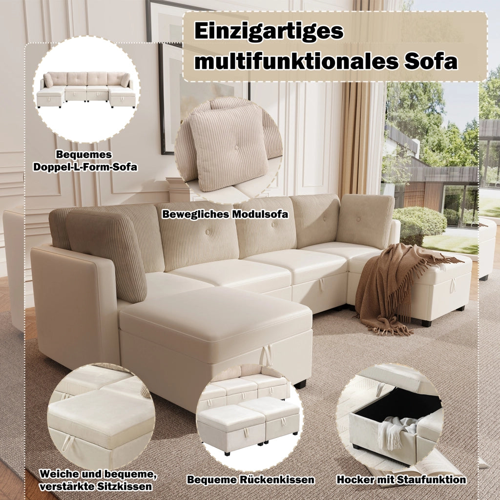 Divano modulare a U 6 posti con contenitore e cuscini, in velluto e cordino Beige