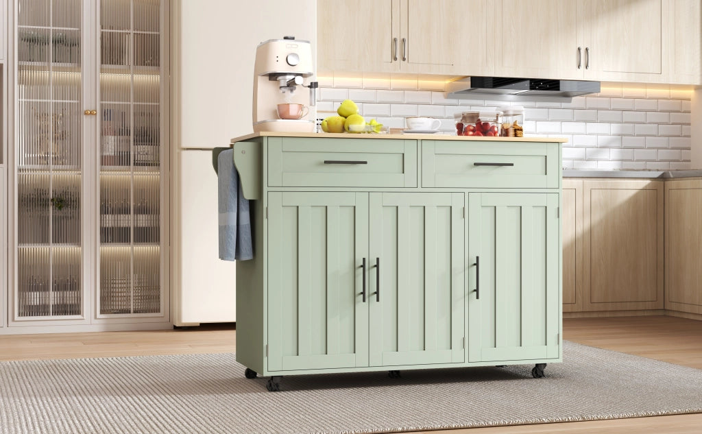 Carrello cucina con piano ribaltabile 129x71x91,5 cm verde antico, 2 cassetti, 3 vani, ruote e piedini