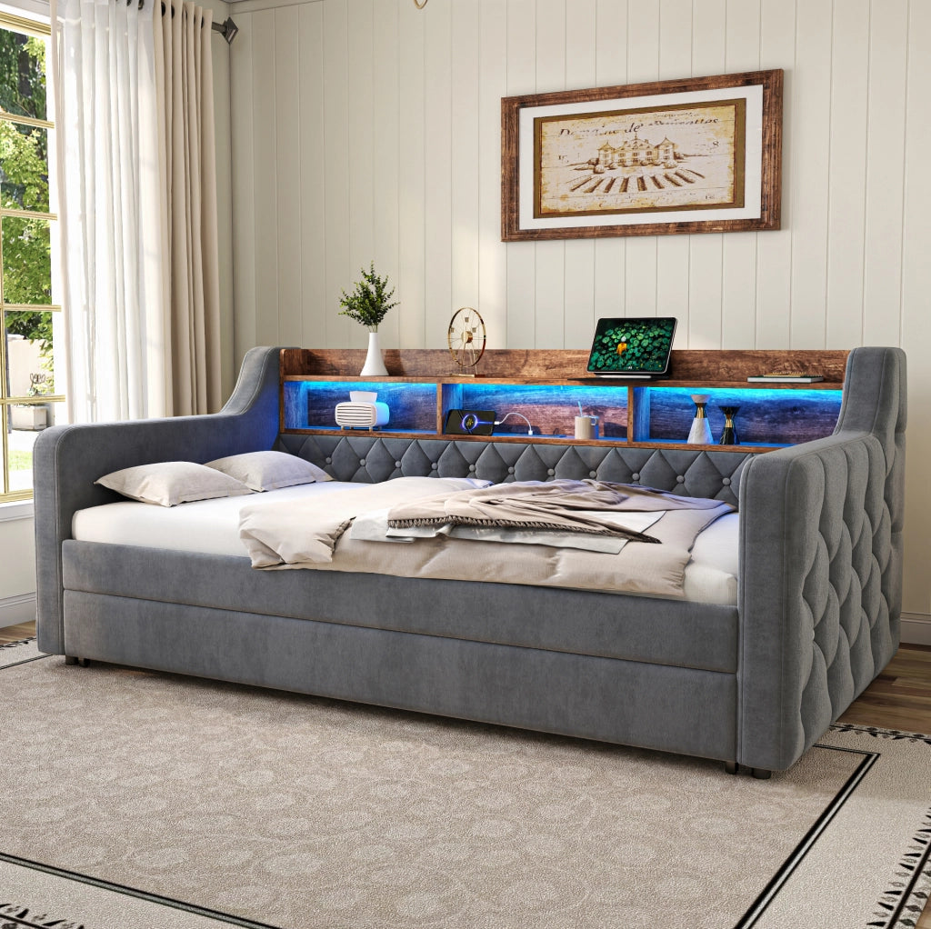 Divano letto 90x190 cm in velluto grigio scuro con LED e USB-C