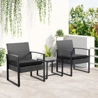 Salotto da Giardino da 2 Posti, Set di 3 Pezzi con 2 Sedie con Cuscini e Tavolino con Piano in Vetro Temperato, Intreccio di Resina Sintetica Imitazione Rattan, Grigio