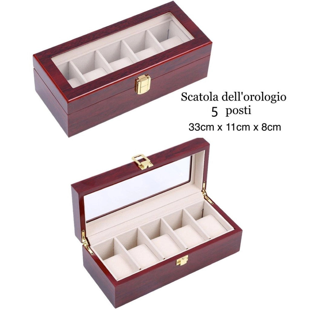 Trade Shop - Scatola Porta Orologi 5 Posti In Legno Con Vetro Custodia Elegante Effetto Lusso -