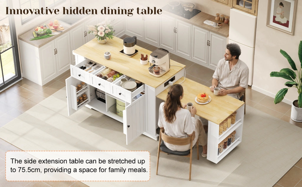 Carrello da cucina mobile con isola e tavolo estraibile, 138(213)x55x93 cm, bianco/naturale, MDF