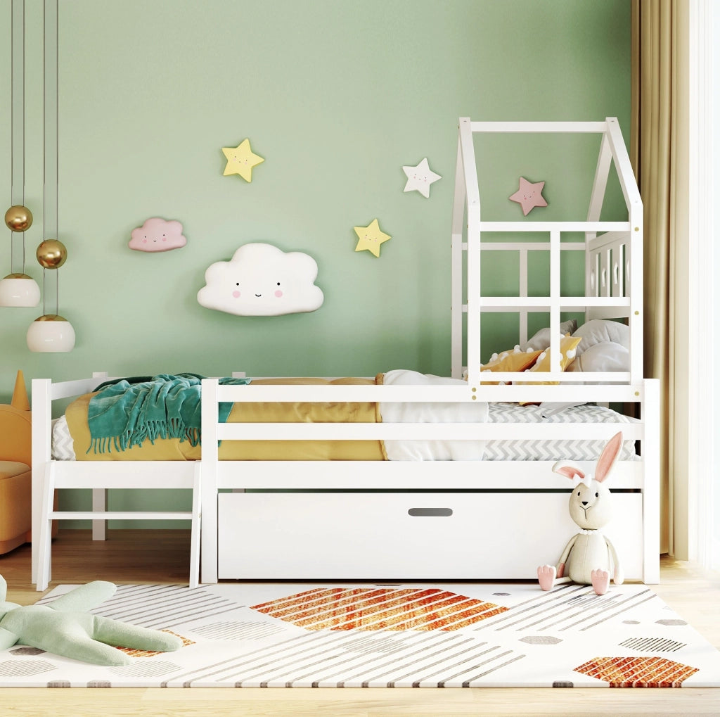 Letto rialzato per bambini 90x200 cm bianco con cassetto