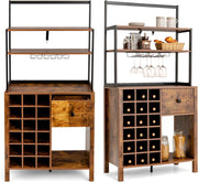 Credenza da Cucina per Vino, Mobile Bar con Ripiani a 3 Livelli, 18 Portabottiglie, Portabicchieri, Mobile Portabottiglie con Cassetto per Sala da Pranzo, Soggiorno, Marrone, 74 x 40 x 160cm