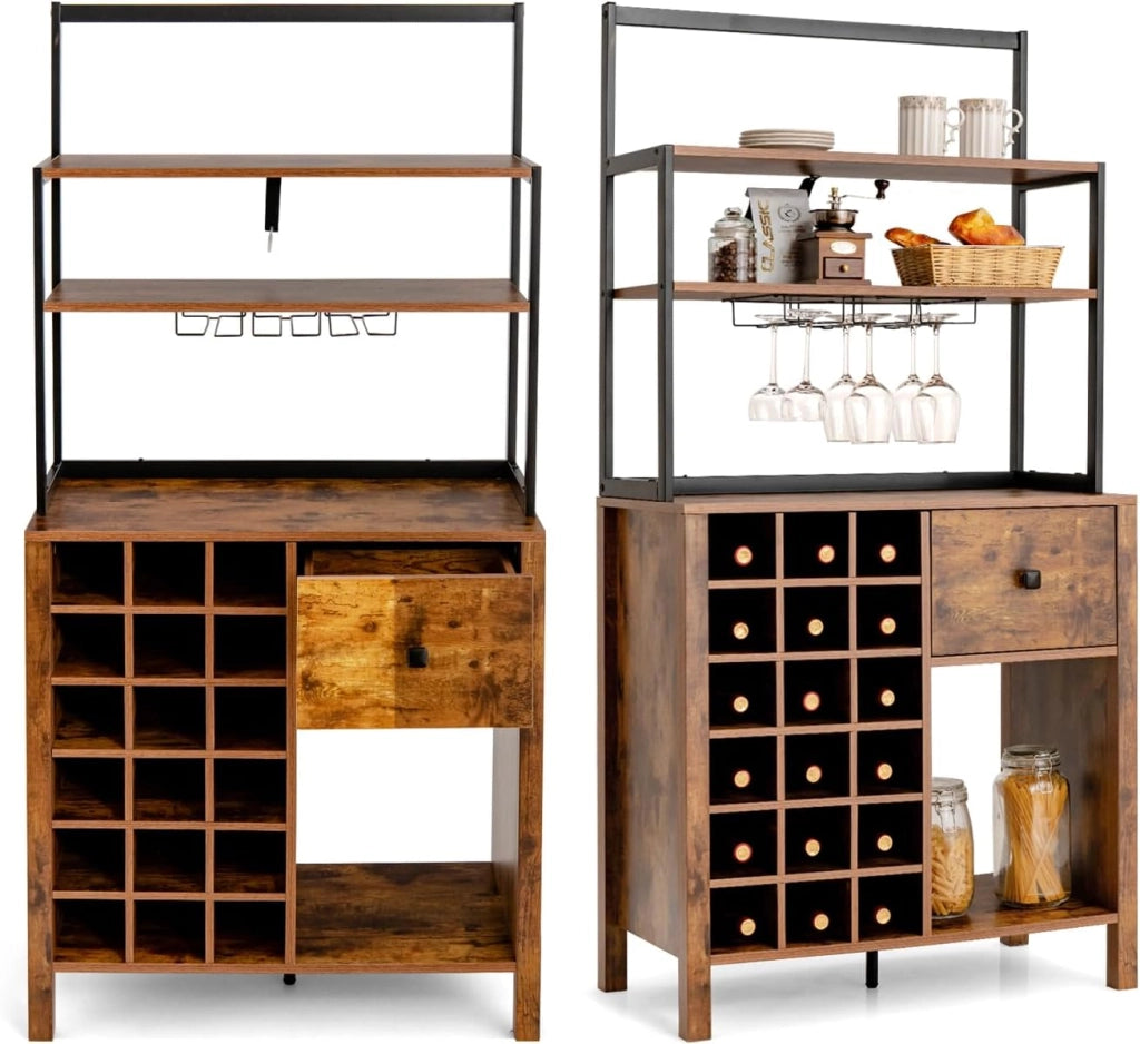 Credenza da Cucina per Vino, Mobile Bar con Ripiani a 3 Livelli, 18 Portabottiglie, Portabicchieri, Mobile Portabottiglie con Cassetto per Sala da Pranzo, Soggiorno, Marrone, 74 x 40 x 160cm