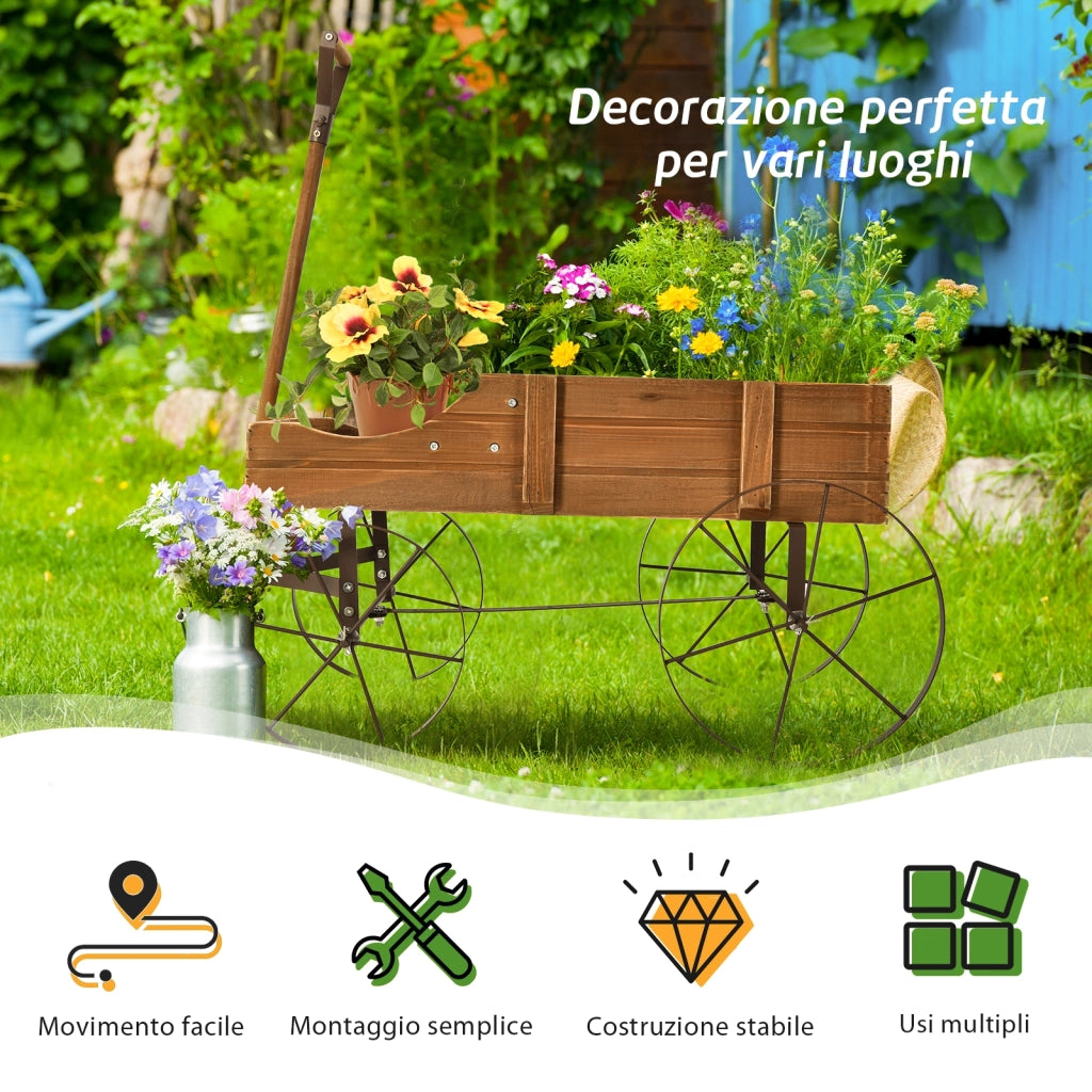 Carrettino di legno fioriera con ruote e 2 sezioni per piante, Porta piante da esterno per giardino Marrone-Fioriere