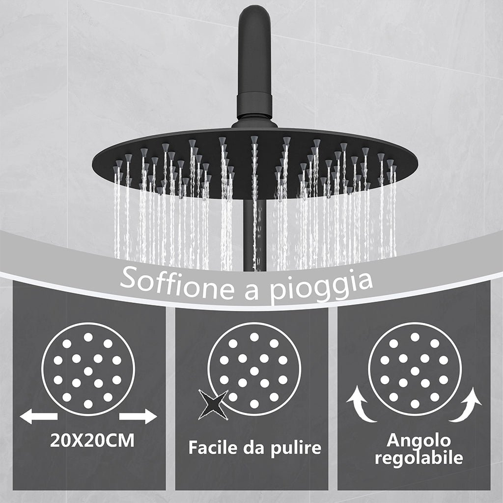 Kit doccia con miscelatore termostatico, soffione rotondo da 20cm, doccetta tonda 23x10.8cm, colonna doccia regolabile 72-120cm, nero