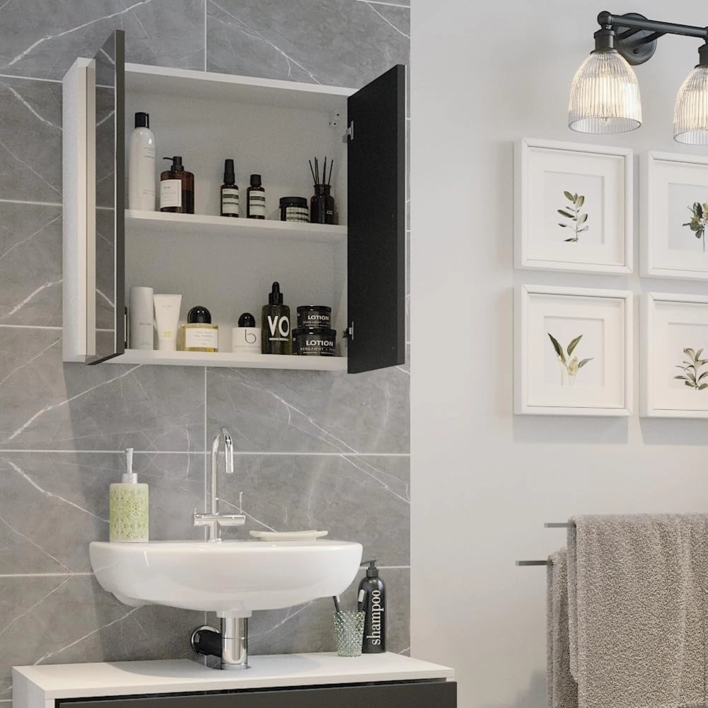 Specchio contenitore bagno Maltin, Bianco/antracite, 60 x 58 cm con due porte a specchio, con ritaglio per sifone e soluzione salvaspazio per il bagno