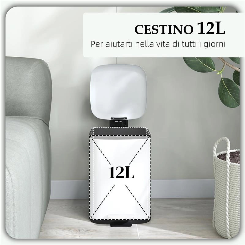 BIDONE IMMONDIZIA DA 12L A PEDALE CON CHIUSURA SILENZIOSA, IN METALLO E PP, 24.5X32X34.5 CM, BIANCO
