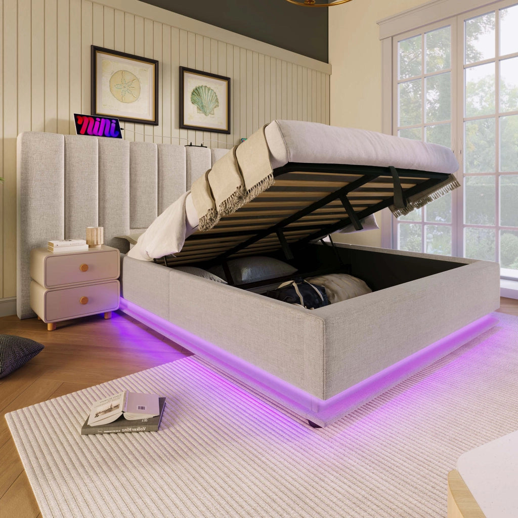 LETTO contenitore 180x200 cm beige in lino con LED e USB