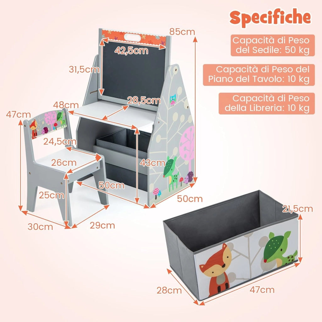 Cavalletto per Bambini Doppio Lato, Set Tavolo e Sedia per Bambini con Lavagna Magnetica e Lavagna Bianca, Contenitore in Tessuto e Libreria(Grigio)