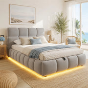DESMIU Letto imbottito 90 × 200 cm 1 posto con contenitore idraulico e striscia LED regolabile, senza materasso, in velluto, grigio