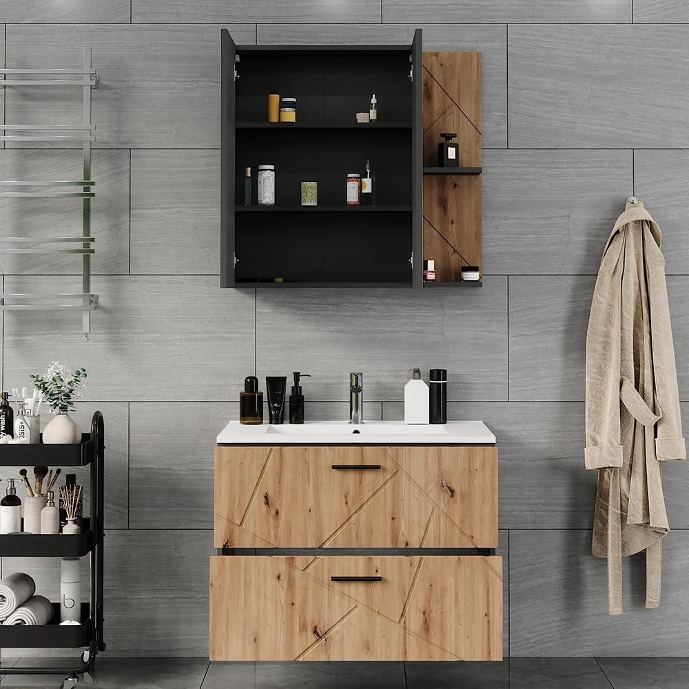 Set di mobili da bagno Irma, Antracite/Artisan, 80 cm, composto da mobile sottolavabo con lavabo e specchio per bagno