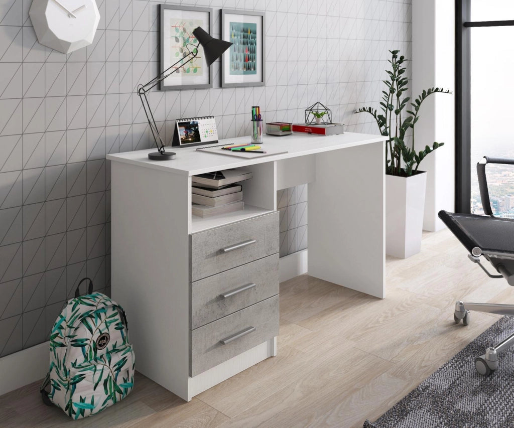 Scrivania Moderna Con 3 Cassetti Tavolo Da Ufficio Per Studio Home Office Cameretta Postazione Lavoro In Melaminico 120 X 72 X 48 Cm Bianco E Grigio Cemento
