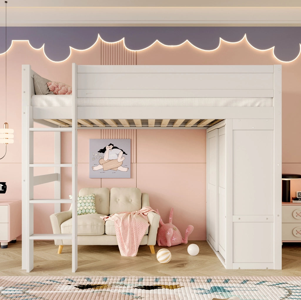 Letto a soppalco 90x200 cm bianco con armadio e vano contenitore