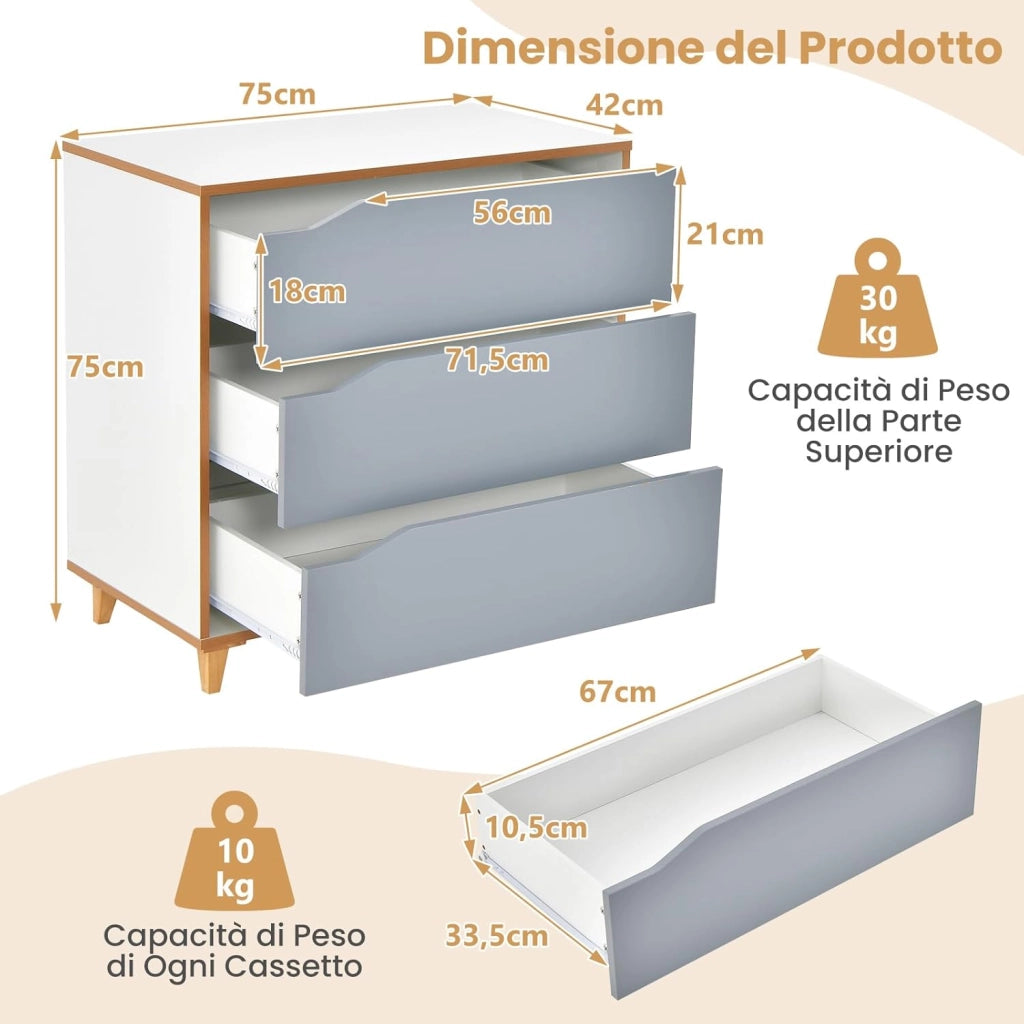 Cassettiera in Legno, Cassettiera Moderna con 3 Cassetti, Maniglia Incorporata e Dispositivo Anti-ribaltamento, per Camera da Letto, Ingresso, Cabina Armadio, 75 x 42 x 75 cm (Grigio)