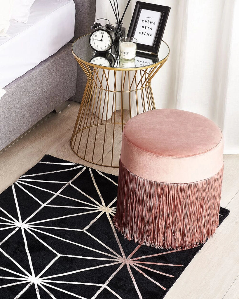 Tappeto tappetino Nero e Argento Motivo Geometrico Viscosa e Cotone 80 x 150 cm Tessuto a Mano Moderno Stile Glam Soggiorno Camera da Letto
