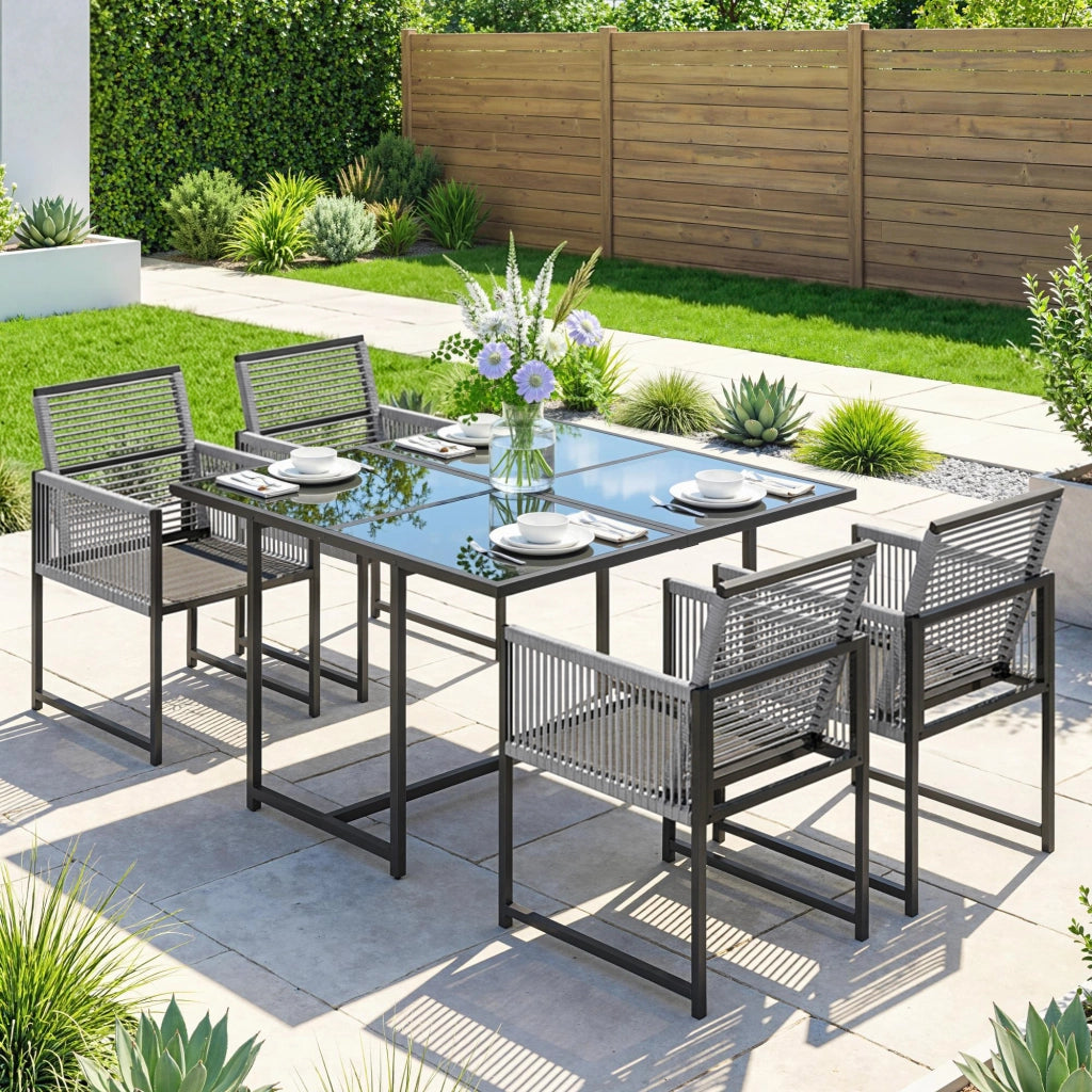 Set Giardino 5 Pezzi con Tavolo Vetro e 4 Sedie Pieghevoli ¨C zephmum ¨C Grigio