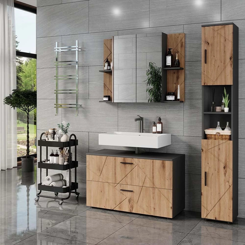 Set di mobili da bagno Irma, Antracite/Artisan, 100.1 cm, composto da mobile sottolavabo, specchiera e colonna alta