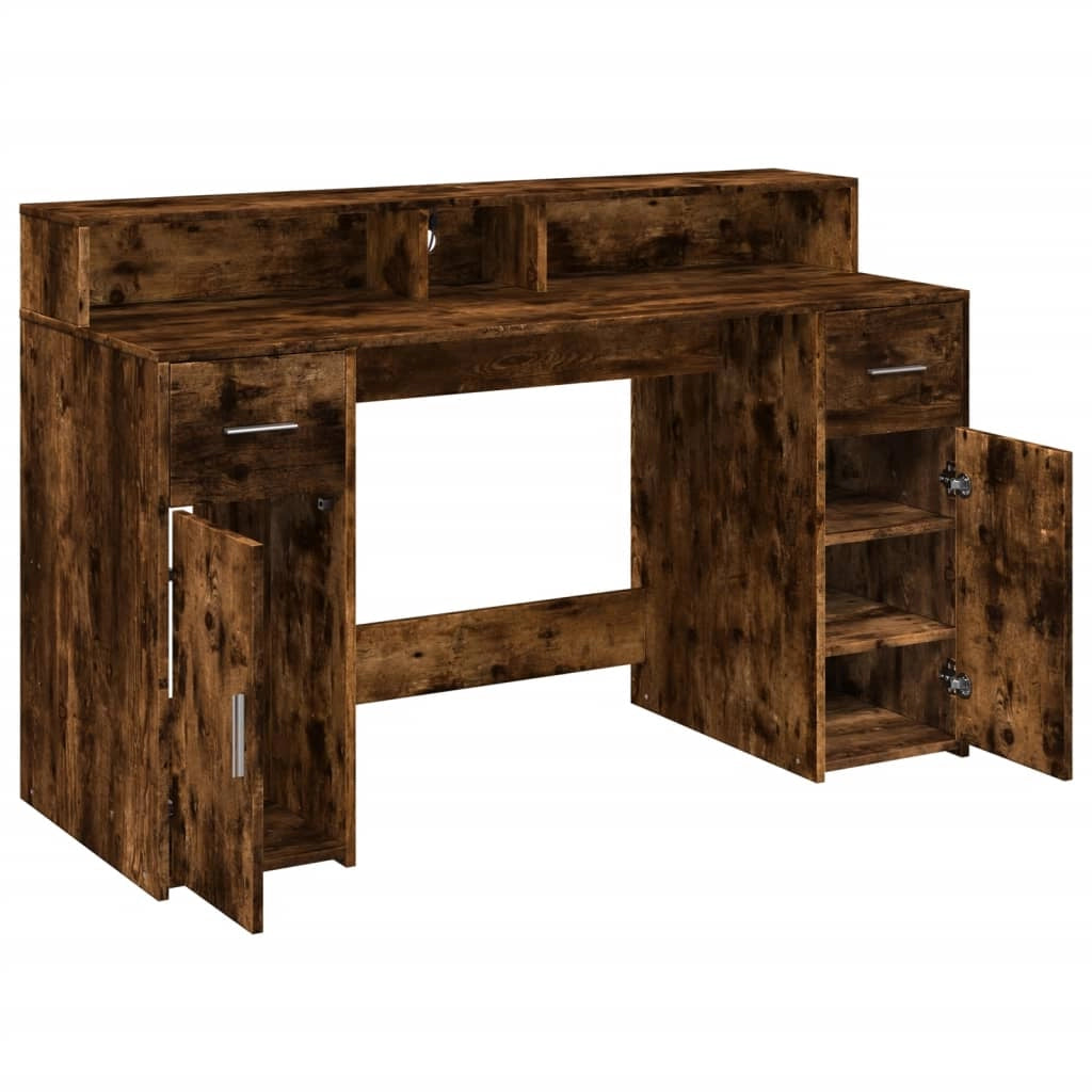 Scrivania da ufficio postazione di lavoro mobile per computer tavolo da studio con luci a LED rovere affumicato 140 x 55 x 91 cm legno ingegnerizzato marrone 02_0023784
