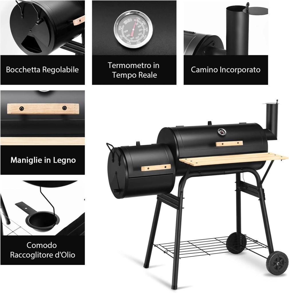 Barbecue a Carbonella in Metallo con Ruote e 2 Fornelli, Carrello per barbecue a carbonella per Esterno con Termometro, Affumicare e Grigliare 2 in 1, 115 x 65 x 108 cm