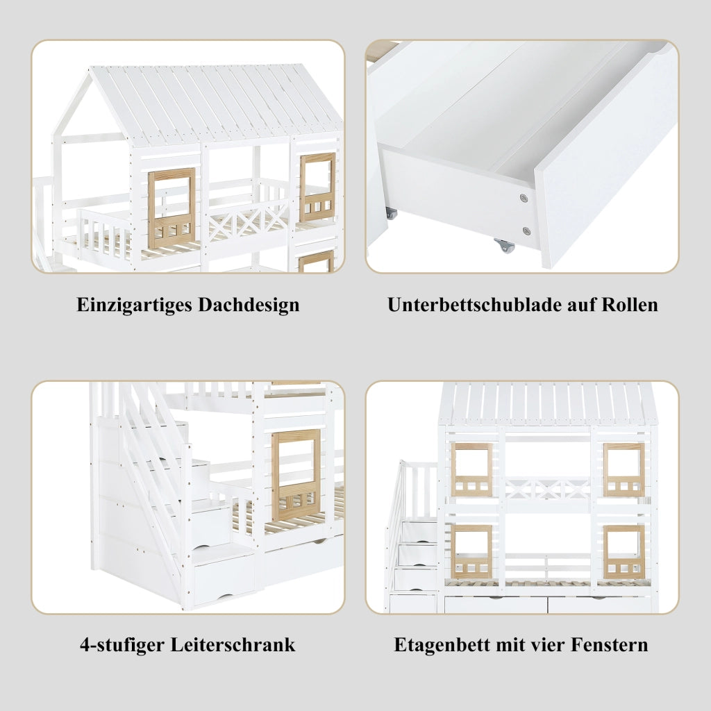 Letto a Castello 90x200 cm; Letto per Bambini - Finestre; 2 Cassetti; Scala 4 Scomparti
