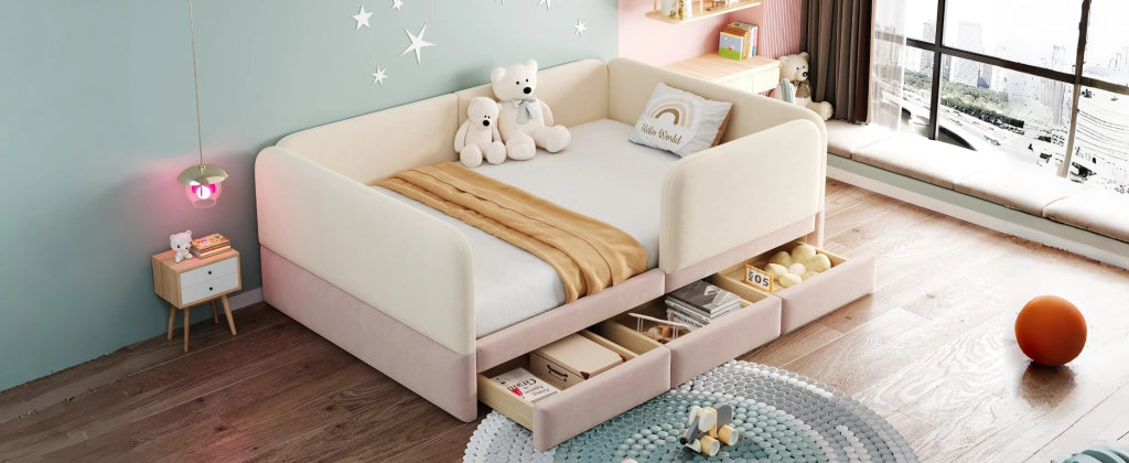LETTO Bambini 140x200 cm in velluto Beige/Rosa con 3 cassetti