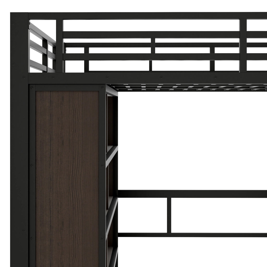 Letto a soppalco matrimoniale 140×200 cm con scrivania; ripiani; scala contenitore e LED; senza materasso; nero