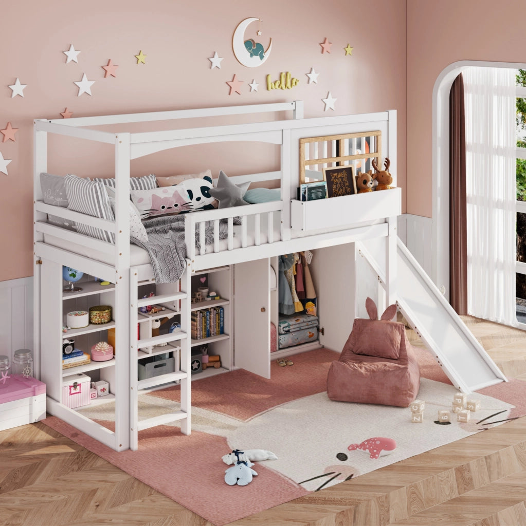 Letto a castello per bambini 90x200 cm con scivolo, armadio e ripiani