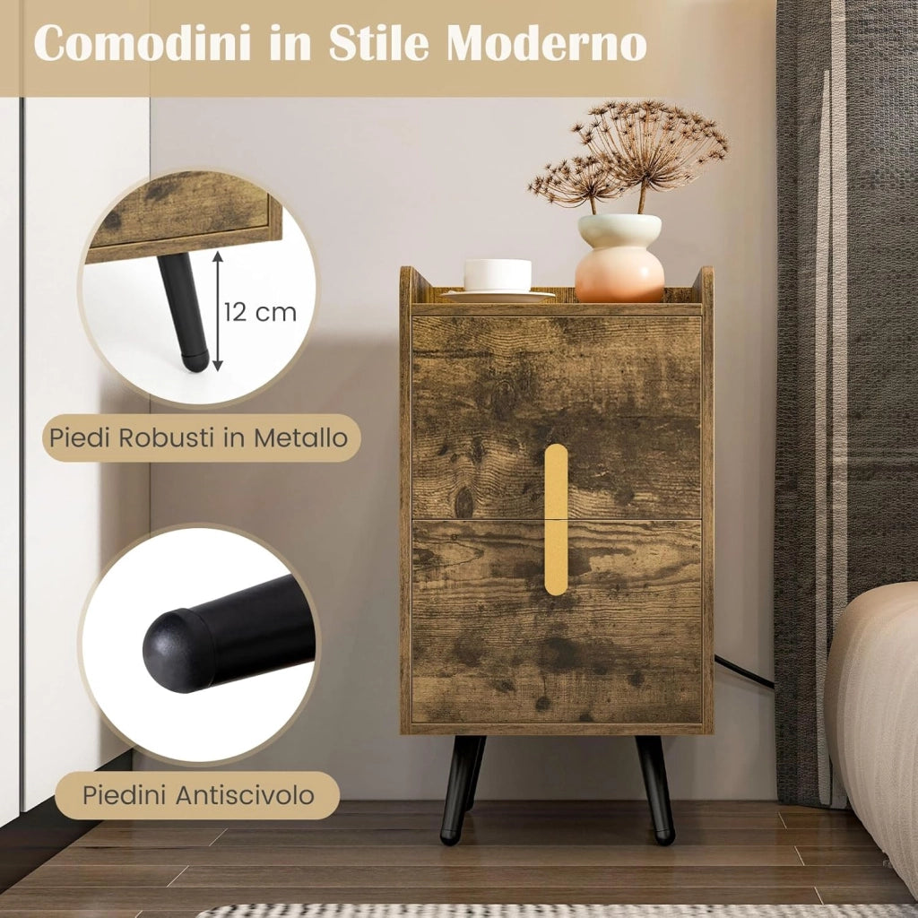 Comodino con Stazione di Ricarica, Comodino con 2 Cassetti, 2 Porte USB e 3 Prese, Tavolino Leterale con Gambe in Metallo, Portata Tolate 20 kg, 32 x 40 x 60 cm (2, Caffè)