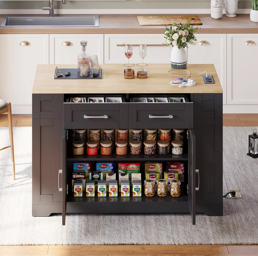 Isola da cucina su ruote con tavolo ribaltabile; prese AC e USB; 120 cm; MDF; nero e naturale