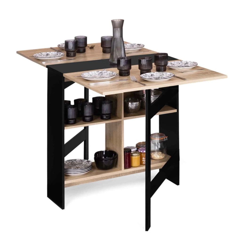 IDMarket - EDI Consolle pieghevole per 2-6 persone con contenitore in legno nero e piano in faggio 150 x 80 cm