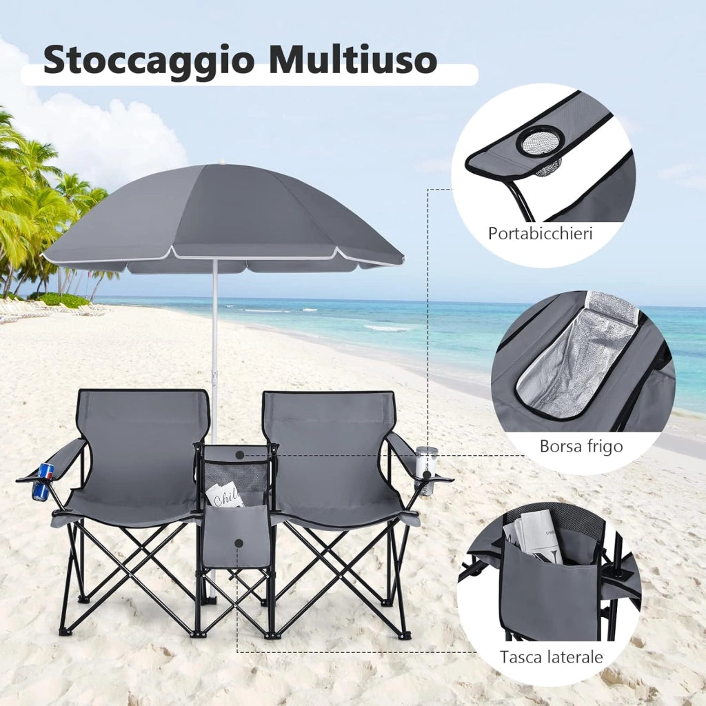Set di 2 Sedie da Campeggio Pieghevoli, con Ombrellone e Tavolino Contenitore, Resistente e Leggero, Capacità 113 kg (grigio)