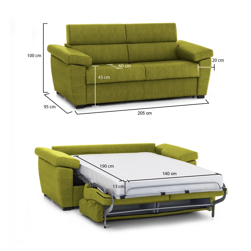 Fisciano, Divano Letto 2 Posti Sfoderabile Made in Italy, 205x95 cm Verde