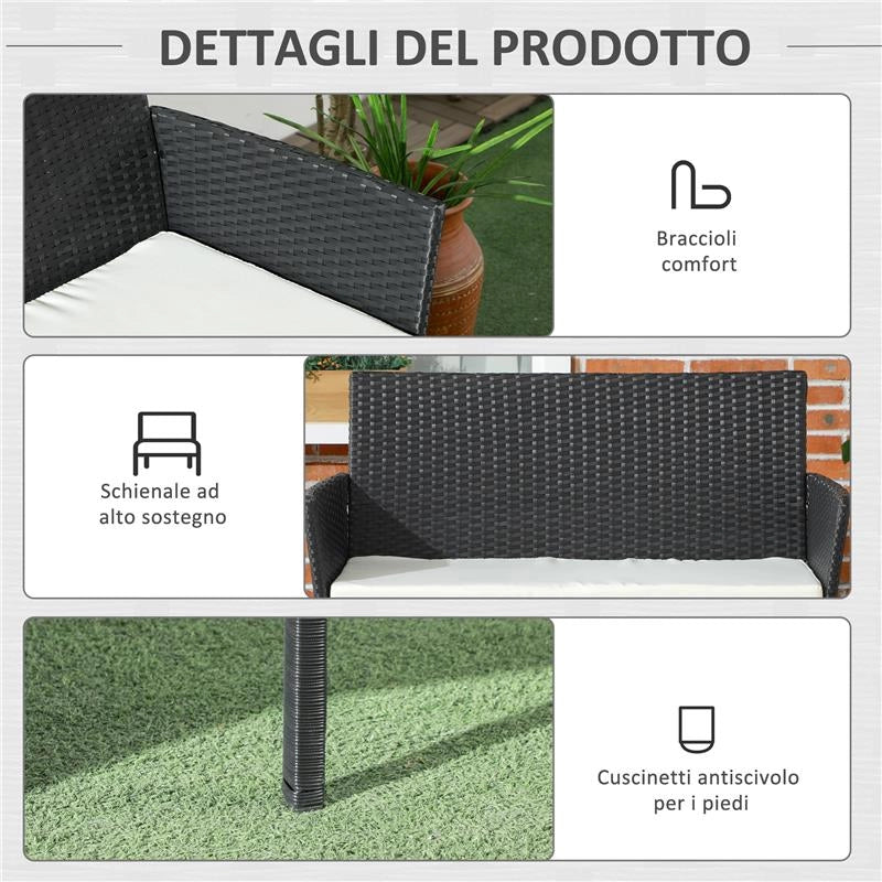 DIVANO DA GIARDINO A 2 POSTI CON CUSCINO E BRACCIOLI IN RATTAN PE E ACCIAIO, 100X54X80CM, NERO